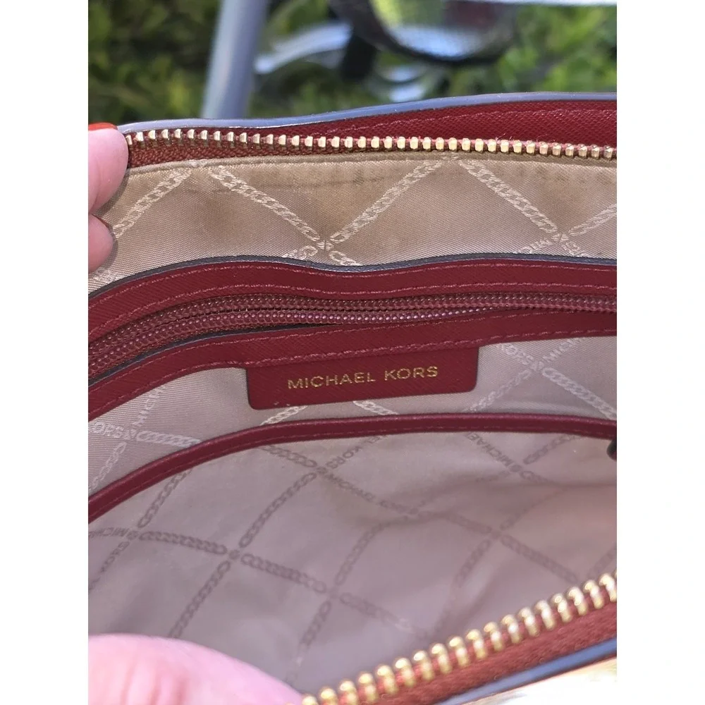 Michael Kors Saffiano Leather Satchel Burgundy Gold Hardware Triple Compartment